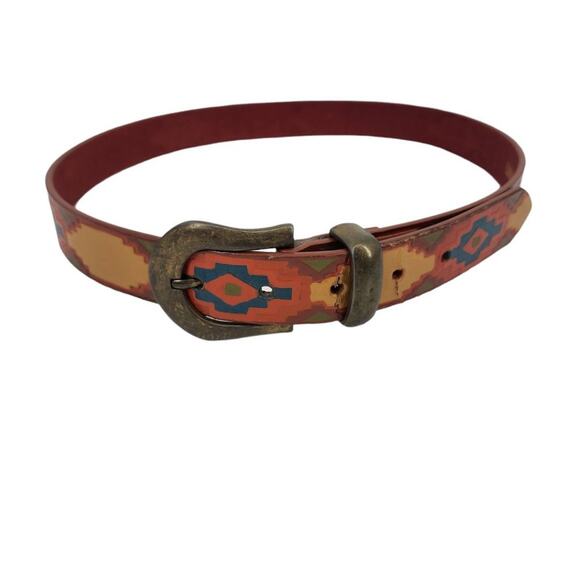 Milor Brown Red Aztec Southwest Leather Belt Size Medium/Large - Picture 1 of 3